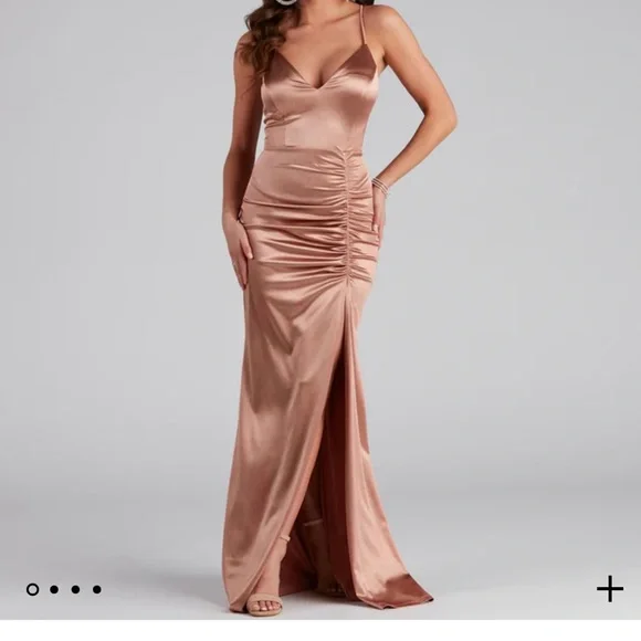 Windsor Courteney Cowl Neck Mermaid Satin Formal Dress in Rose Gold | Size: S | Rhinestone/Satin Fabric